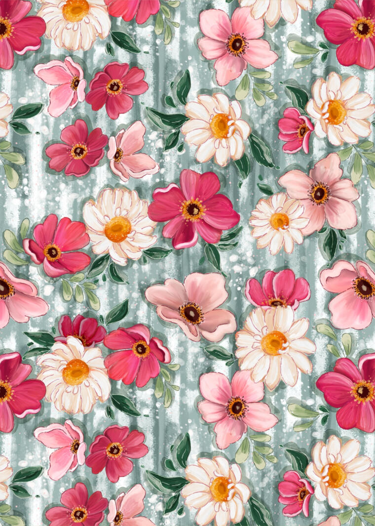 a colourful illustration of a swan in a floral meadow with pink flowers, behind the swan there are large fluffy clouds and a sparkling lake