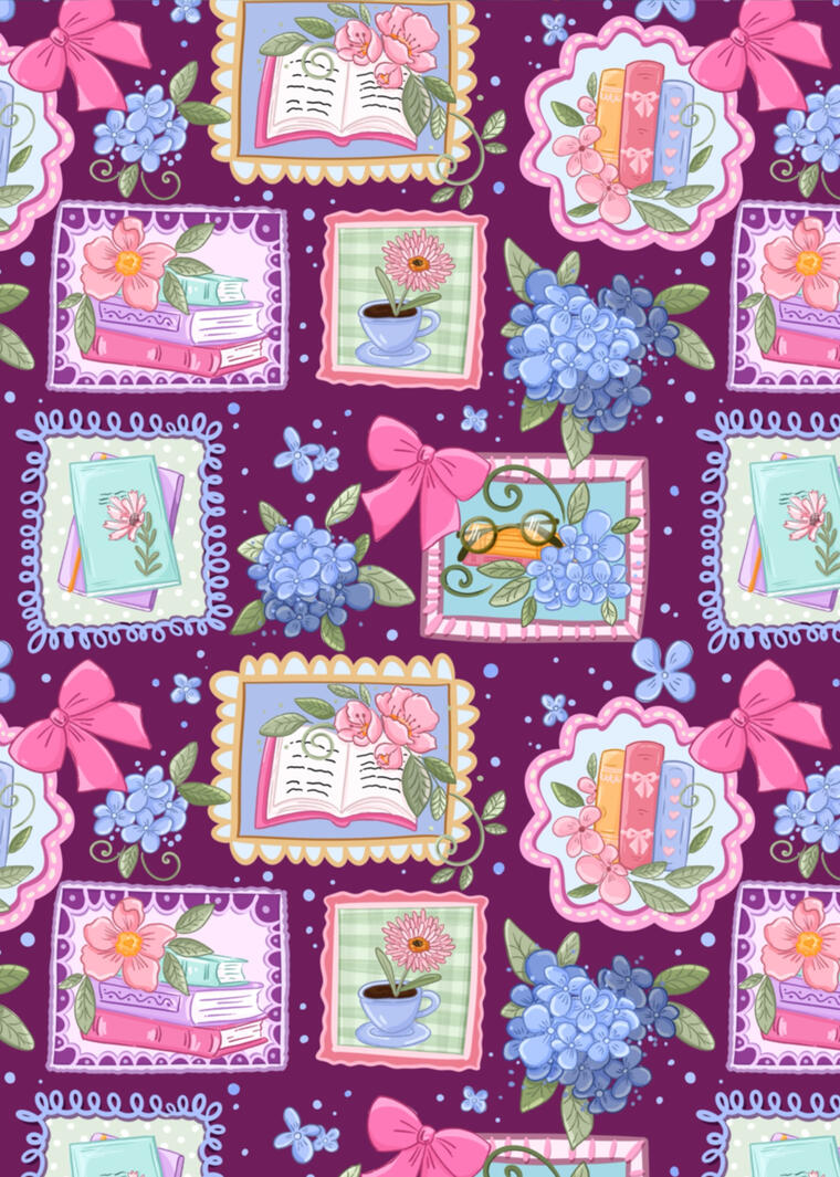 an illustration of a vase filled with daisies and poppies standing on a table with blue table cloth