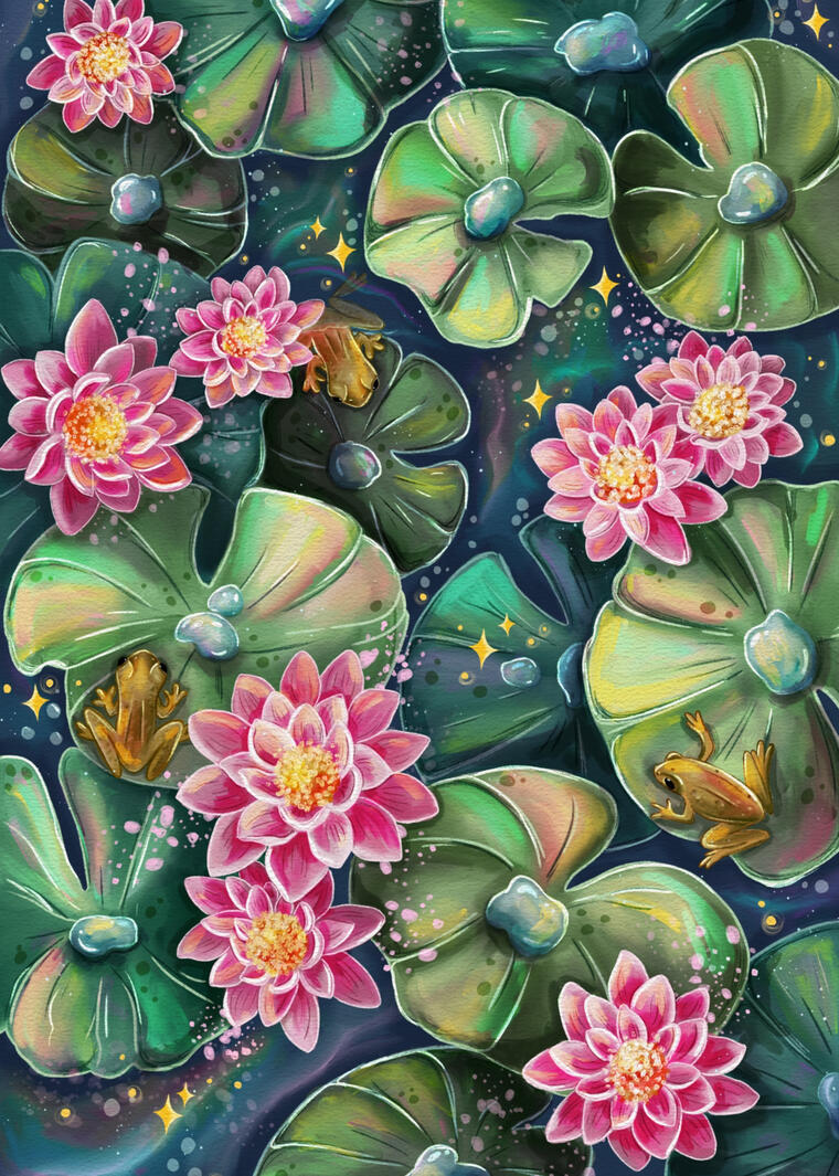 an illustration of a pond, with water lilies and frogs