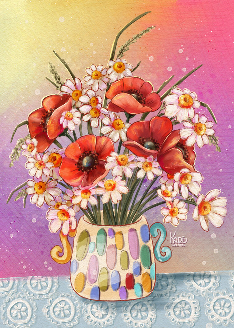 an illustration of a vase filled with daisies and poppies standing on a table with blue table cloth