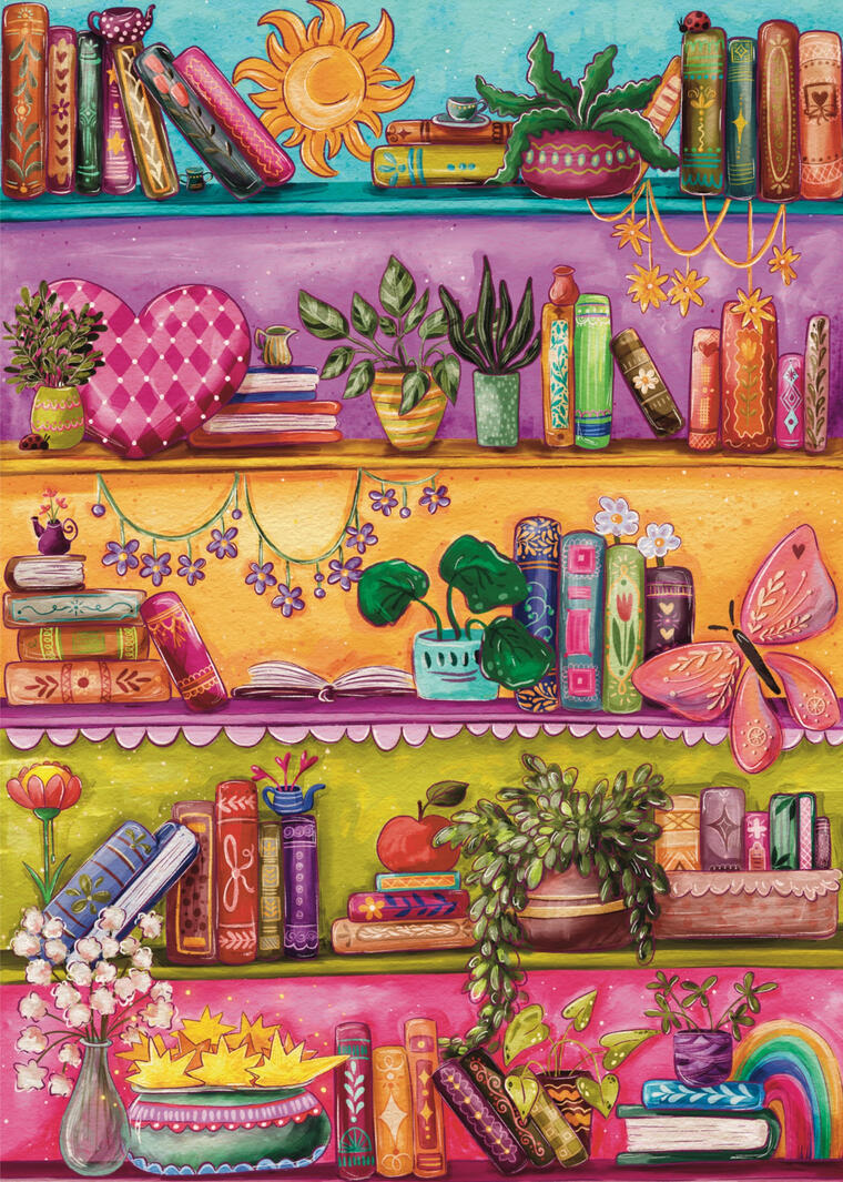A colourful illustration of bookshelves full of books and indoor plants
