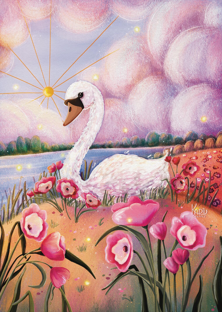 a colourful illustration of a swan in a floral meadow with pink flowers, behind the swan there are large fluffy clouds and a sparkling lake